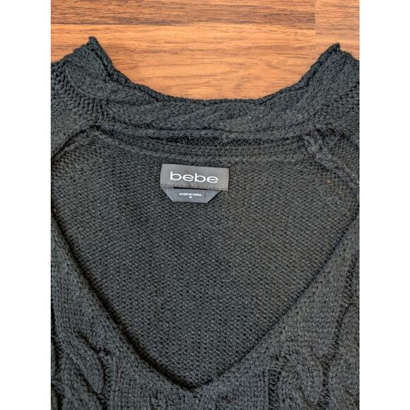 Bebe Black Cable Knit Sweater Dress - Size Small- Long Sleeve V-neck Bodycon - Picture 2 of 8